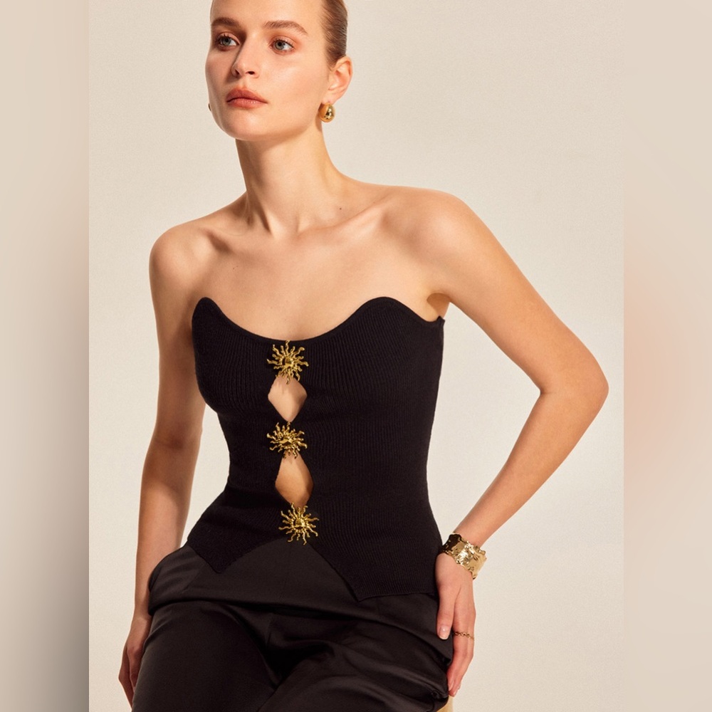 Commense Black Strapless Top with Gold Accents